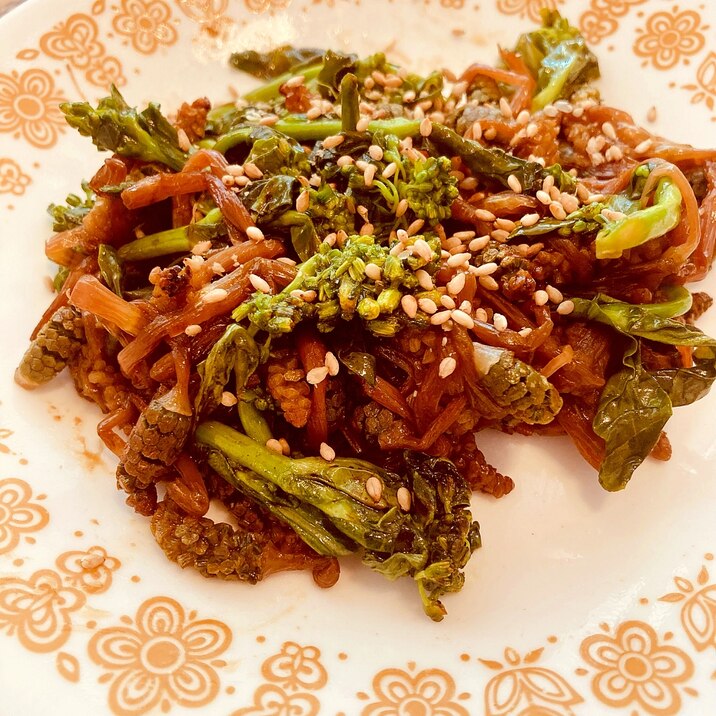 春のにがみ つくしと菜の花のポン酢しょう油炒め